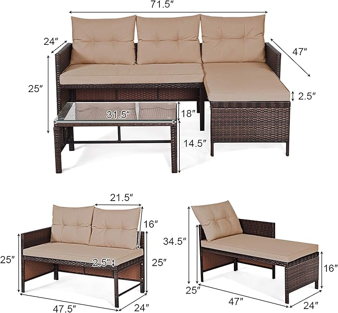 DORTALA 3 Piece Wicker Patio Furniture Set, PE Rattan Outdoor Sectional Sofa Conversation Set with Loveseat, Lounge and Tempered Glass Coffee Table for Garden Lawn Deck (Brown)