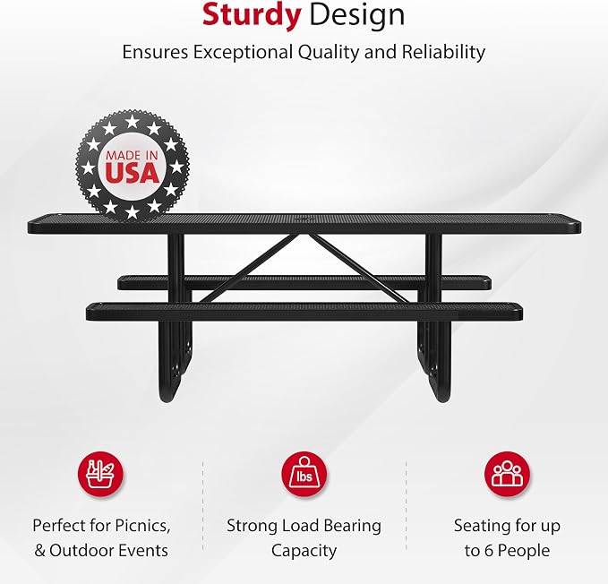 Leisure Craft Metal Picnic Table with Bench - 8 ft Rectangle Outdoor Dining Table with Umbrella Hole, Heavy Duty Thermoplastic Coating, ADA Compliant, Commercial Grade Furniture Made in USA - Black