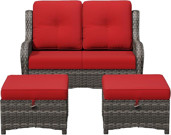 3-Piece Outdoor Couch Set, 1 Wicker Patio Loveseat with Thickened Olefin Cushions, High Back and Deep Seating, Hand-Woven PE Rattan and 2 Ottomans, Patio Conversation Set for Porch, Deck