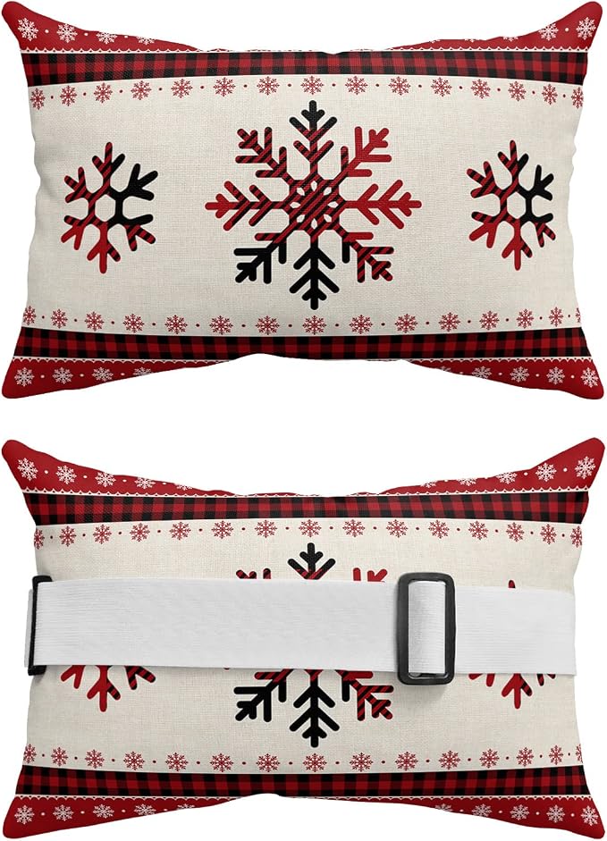 Outdoor Pillows Covers with Inserts Christmas Snowflake Red and Black Buffalo Plaid Waterproof Pillow with Adjustable Strap Throw Pillows for Patio Furniture Recliner Lounge Chair, 11x16 inch, 1PCS