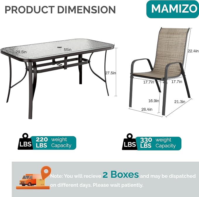 MAMIZO 7 Pieces Patio Dining Set for 6, Outdoor Table and Chairs w/Rectangle Glass Table and 6 Textilene Stackable Chairs, Patio Furniture Set w/1.69" Umbrella Hole (Black Table & Brown Chair)