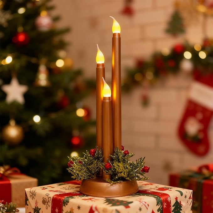 Flameless Taper Candles LED Candlesticks Battery Operated 3D Flicker Fake Candle for Xmas Wedding Fireplace Holiday Party Decor(Gold)