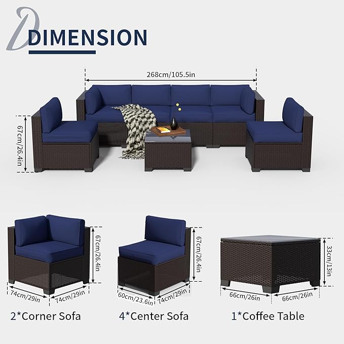 YLGJ&TIDY 7-Piece Outdoor Sectional Patio Furniture Set,Waterproof Patio Furniture with Metal Frame,All-Weather Wicker Rattan Sofa,Perfect for Garden Poolside Backyard (7, Darkbrown&Navy Blue)