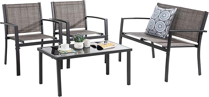 Vongrasig 4 Piece Outdoor Patio Furniture Sets, Modern Textilene Bistro Set Patio Conversation Set with Loveseat, Glass Tea Table for Home Lawn Balcony Porch Backyard(Brown)