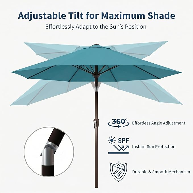 9FT Patio Umbrella Outdoor Table Umbrella w/Push Button Tilt and Crank, 8 Sturdy Ribs, UV Resistant Waterproof Market Umbrella for Pool, Deck, Backyard, Garden, Sky Blue
