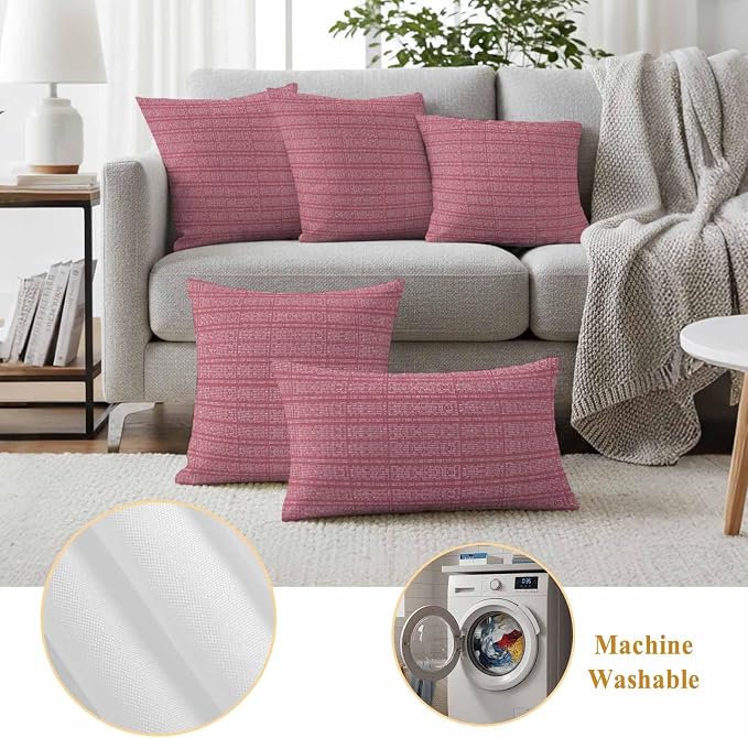 Outdoor Waterproof Throw Pillow Covers Set of 2 Pink Stripes Grain Pillowcases 16x16 Inches Solid Color Decorative Pillows Cushion Case Patio Pillows for Couch Bed Chair Garden