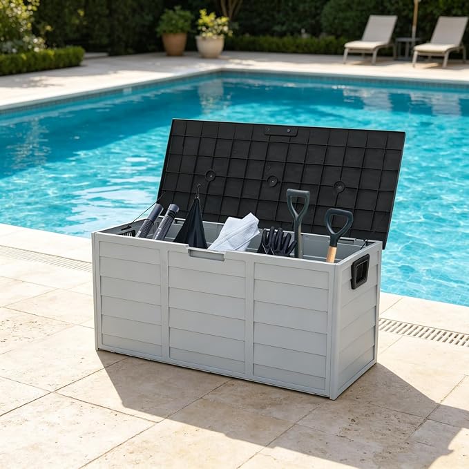 75 Gallon Waterproof Outdoor Deck Box with Wheels, Lockable Resin Patio Storage Container for Cushions, Garden Tools, Pool Accessories and Outdoor Supplies, Black Grey