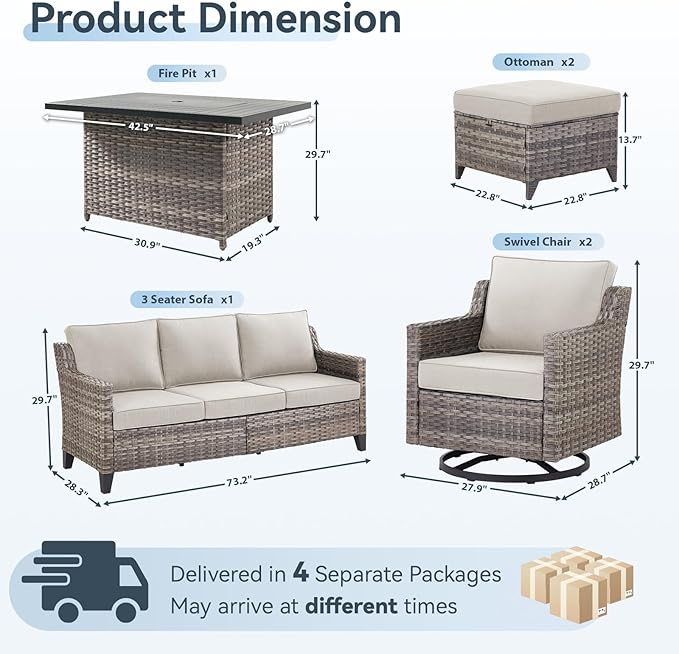 Patio Furniture Set with 42.5" Fire Pit Table-6 Pieces All Weather Wicker Outdoor Furniture with High Back Swivel Patio Chairs Set of 2 Outdoor Couch for Deck Backyard Beige/Gray