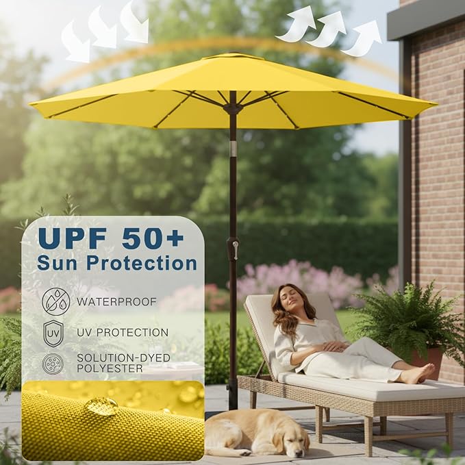 9' Solar LED Patio Umbrella with Tilt & Crank|8 Sturdy Ribs,UV Protection,Outdoor Market Table Umbrella for Deck,Lawn,Pool,Backyard(Yellow)