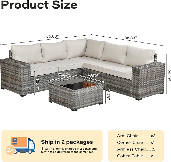 6 Pieces Patio Furniture Set, Wicker Outdoor Sectional Sofa with Coffee Table Comfy Cushions, Modern Modular Deep Seat Rattan Couch Conversation Set for Backyard Porch Yard,Beige