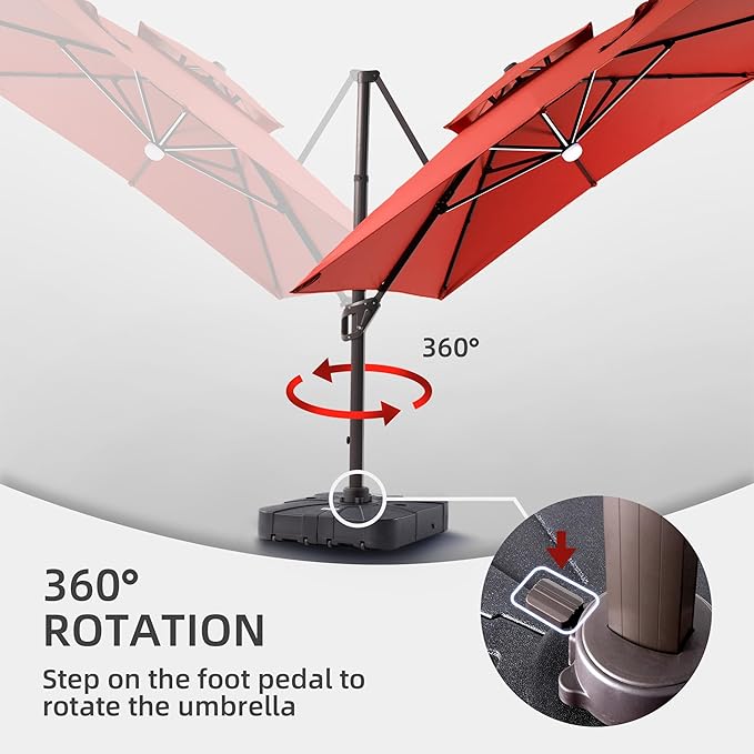 9 X 12 FT Cantilever Patio Umbrella with Led Lights and Base Included Heavy Duty Outdoor Double Top Large Rectangle Offset Umbrellas with 360-degree Rotation for Garden Pool Deck Backyard, Red