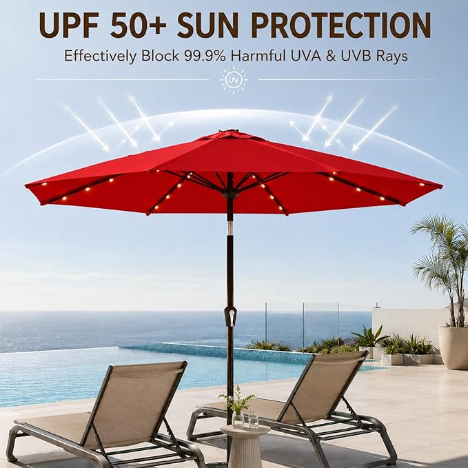 10FT Solar Lighted Patio Umbrella, Outdoor Table Market Umbrellas with Push Button Tilt and Crank, 32 LED Lights, 8 Sturdy Ribs, UV-Resistant for Deck, Garden, Pool