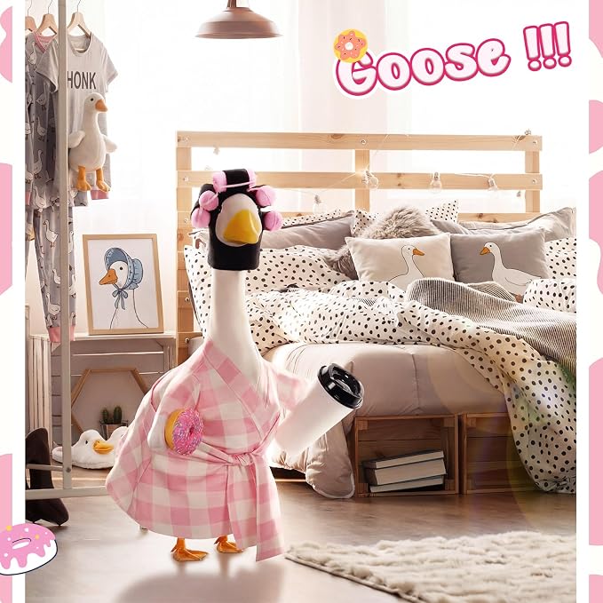 Shyyween Lady Porch Goose Outfit for 23'' Cement Plastic Lawn Goose Statue Clothes Pink Plaid Bathrobe Coffee Cup Curlers for Outdoor Garden Yard Patio Decoration