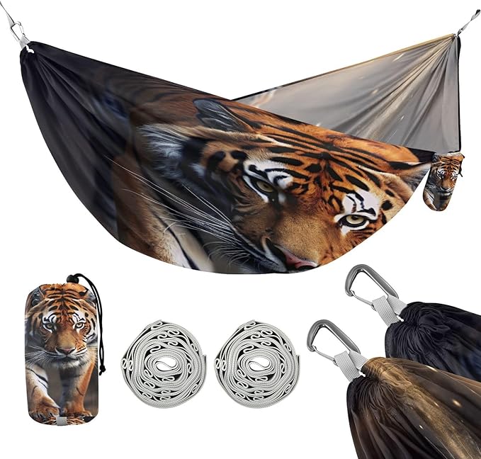 Tigers Camping Hammock, Portable Lightweight Single Hammock with Tree Straps and Aluminum Carabiners, 114" x 54" Travel Hammock for Hiking Backpacking Beach