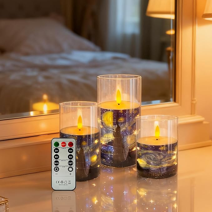 Flickering Flameless Candles, Recessed String Light LED Candles Acrylic Battery Operated LED Pillar Candles Van Gogh Art Painting Style for Home Decor Set of 3(Starry Night Printed)
