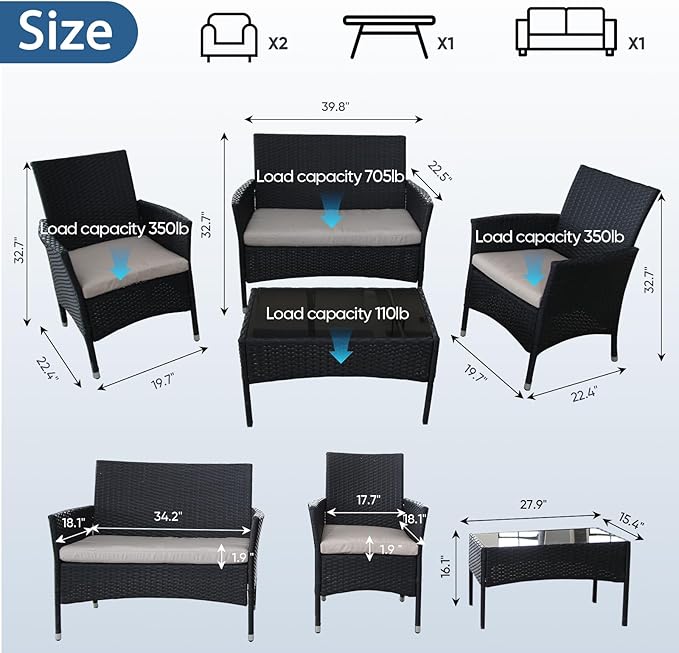 Outdoor Furniture Set of 4 Pieces with PE Waterproof Rattan Tempered Glass Table and Thick Cushions Suitable for Gardens Porches Terraces and Balconies Easy to Assemble Black and Beige