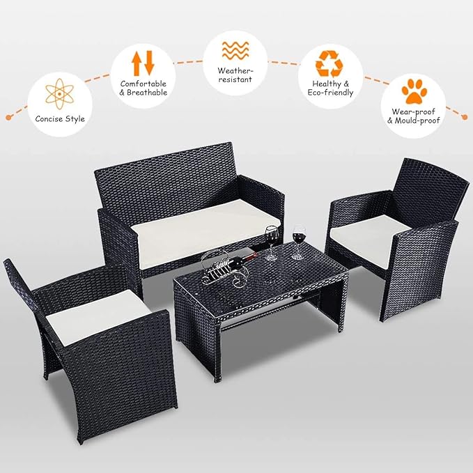 LDAILY LUARANE 4-Piece Rattan Sofa Set w/Soft Weather Resistant Cushions and Tempered Glass Tabletop, Outdoor Patio Furniture Set for Garden, Poolside, Weaving Rattan Conversation Sofa
