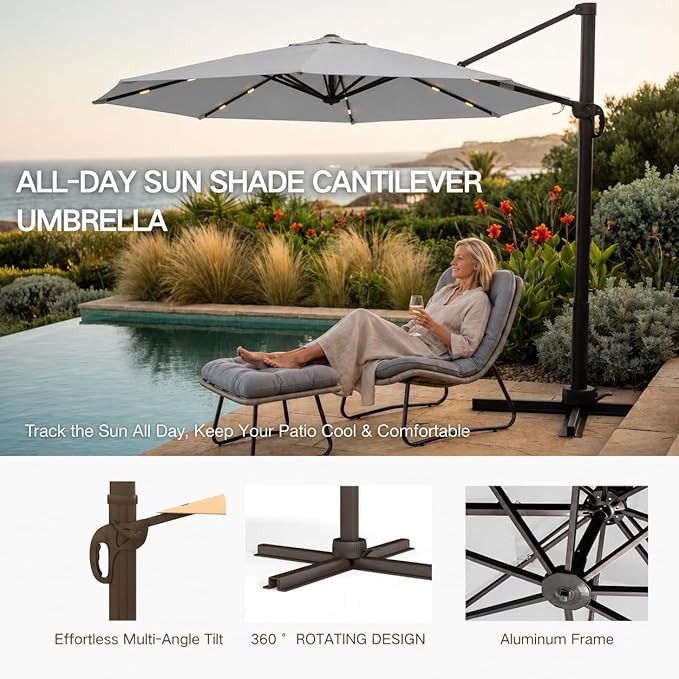 Kingdura 9ft Cantilever Patio Umbrella with Base Included & Solar Lights, Large Round Metal Outdoor Offset Umbrella with 360-degree Rotation, 4 Position Tilt, UV Protection for Pool Deck Patio (Light grey)