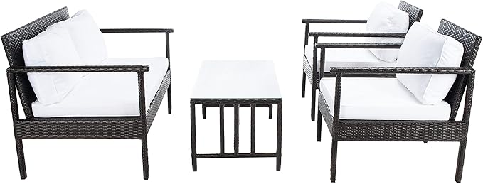 Safavieh Outdoor Collection Garnen Wicker Cushion 4-Piece Living Set PAT7714C, Brown/White