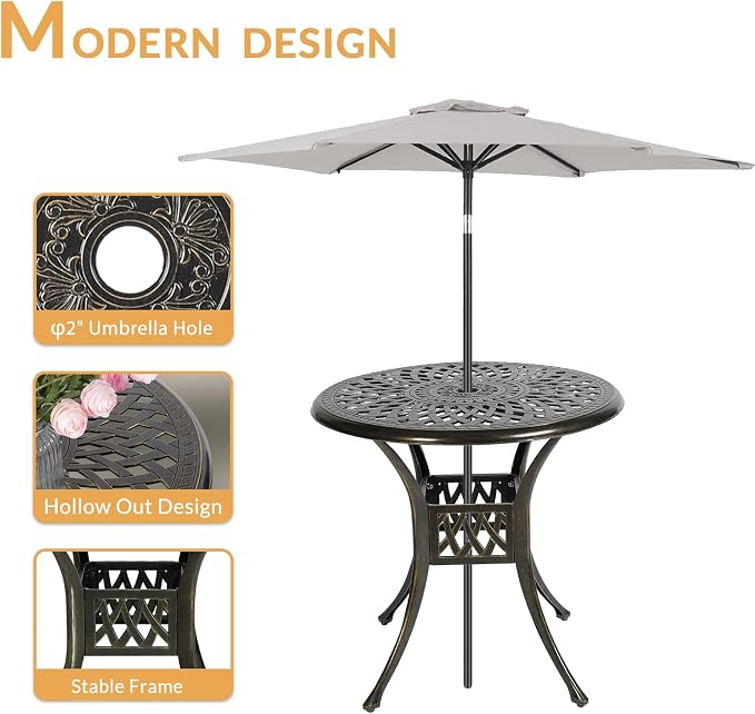 3-Piece Outdoor Patio Dining Set, All-Weather Cast Aluminum Patio Furniture Set for Backyard Garden Deck with 2 Cushioned Chairs and 31” Round Table, 2" Umbrella Hole, Ocean Blue