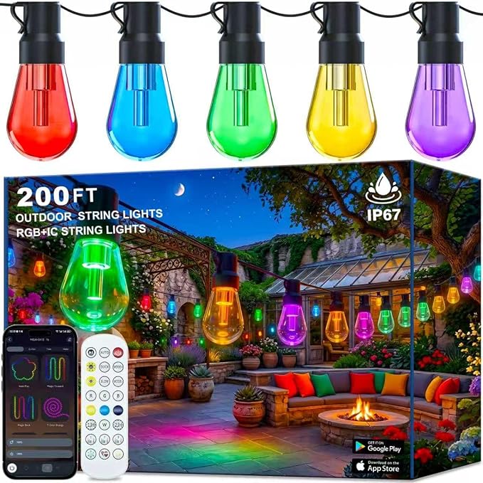 NUERPO Outdoor String Lights, 200FT RGB+IC Outside Light Dimmable Shatterproof LED Bulbs, IP67 Waterproof Chasing Effect Lighting DreamColor Patio Strip Lights for Backyard, Balcony, Outdoor Living