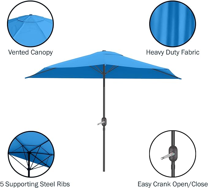 Half Umbrella Outdoor Patio Shade - 9 ft Patio Umbrella with Easy Crank and 20lb Weighted Base - Small Canopy for Balcony, Table, or Deck by Pure Garden (Sky Blue)