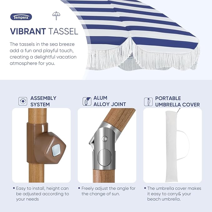 Tempera Heavy Duty High Wind Beach Umbrella with Sand Anchor & Carry Bag | Patio Outdoor Umbrella with Aluminum Frame and Push Button Tilt, Ideal for Travel Garden Lawn, UPF 60+