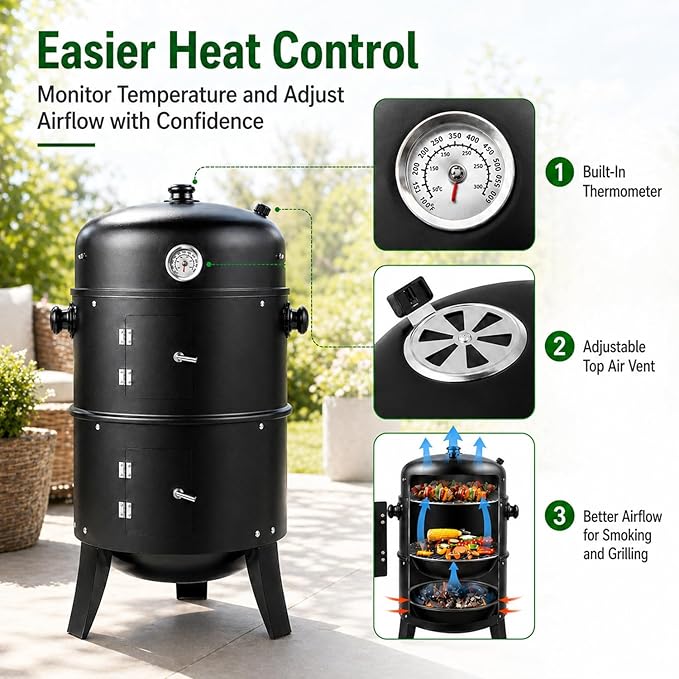 16 Inch Charcoal Smoker for Meat, Vertical Smoker Grill, Small Smoker for Backyard, Patio and Camping | 4-in-1 BBQ Smoker with Built-In Thermometer, Adjustable Air Vent, 2 Cooking Racks