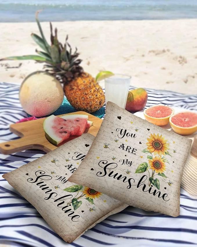 Sunflower Outdoor Waterproof Throw Pillow Covers 24"x24" Set of 2, Sunflower Bee Old Newspaper Background Decorative Garden Pillowcase with Zipper Retro Farmhouse Cushion Case for Patio Couch Tent