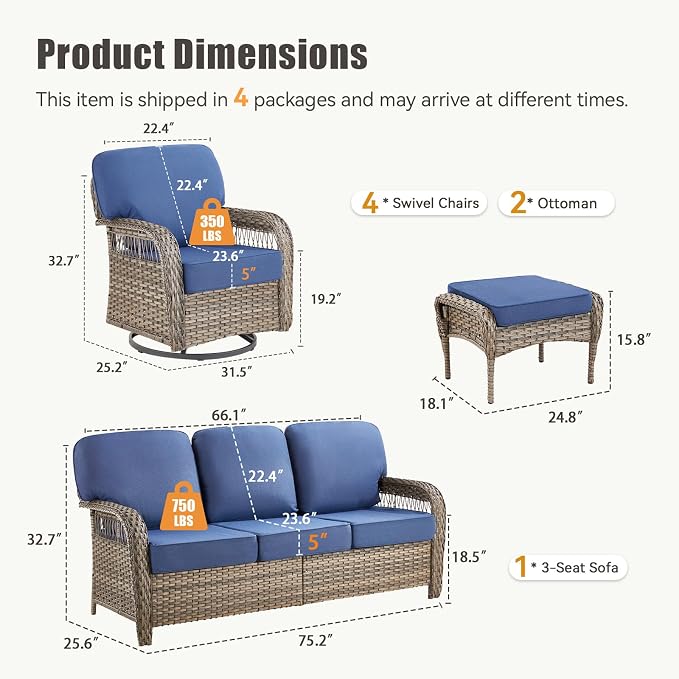 7 Pieces Outdoor Furniture Set with Swivel Chairs, Wicker Swivel Rocker Patio Chairs Set of 4 Outdoor 3 Seater Sofa with Ottomans Wicker Patio Conversation Set for Deck Porch Backyard, Blue