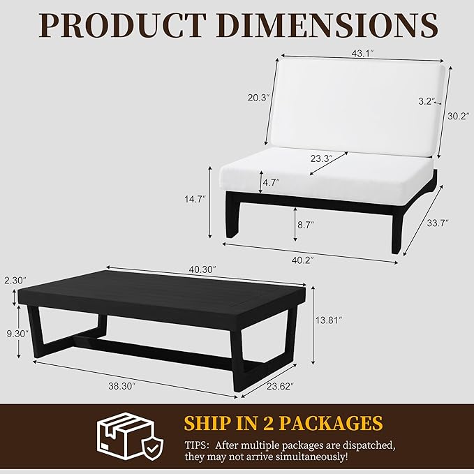 UIXE Black Wood Patio Furniture Sets, 2 Pieces All Weather Patio Loveseat Outdoor Sofa with Solid Wooden Coffee Table - Beige
