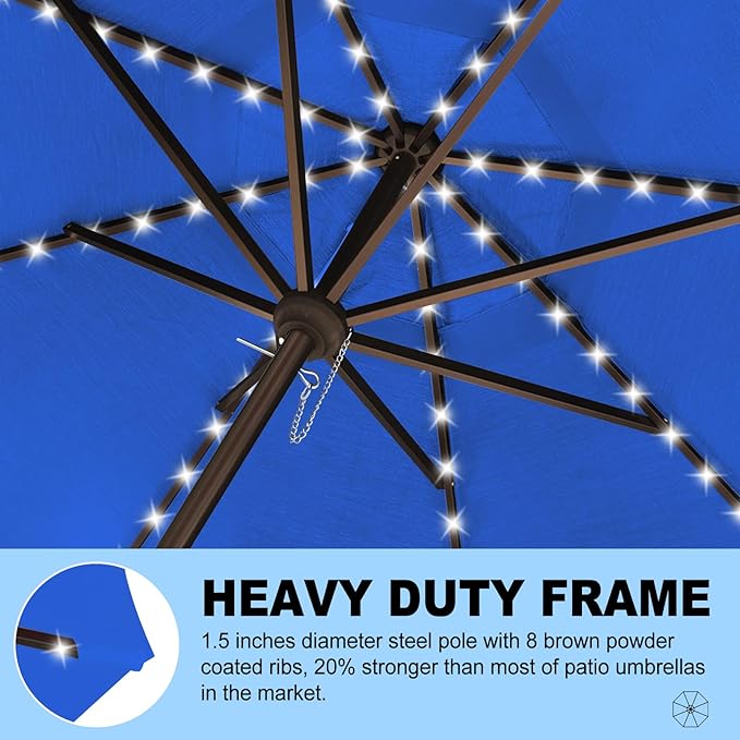 Eurmax USA 10-Year-Non-Fading 10FT 3-Tier Outdoor Patio Market Umbrella with LED Lights,UPF50+ UV Resistant,Commercial Grade,Crank Lift Design,Windproof Vented Top for Garden,Pool,Deck,Pacific Blue