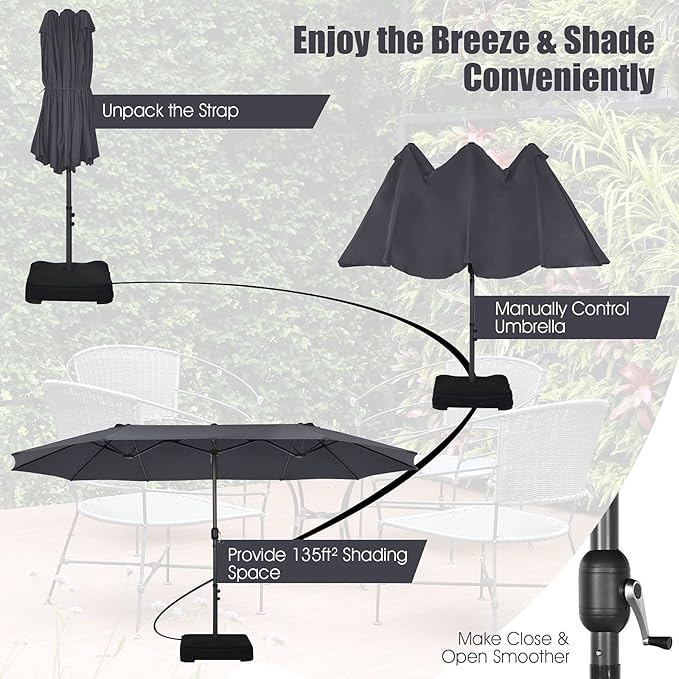 Tangkula 15FT Double-Sided Patio Umbrella, Outdoor Market Umbrella W/Hand-Crank System & Enhanced Base, Ultra-Large Twin Garden Umbrella W/ 12-Rib Structure for Residential & Commercial Use (Gray)