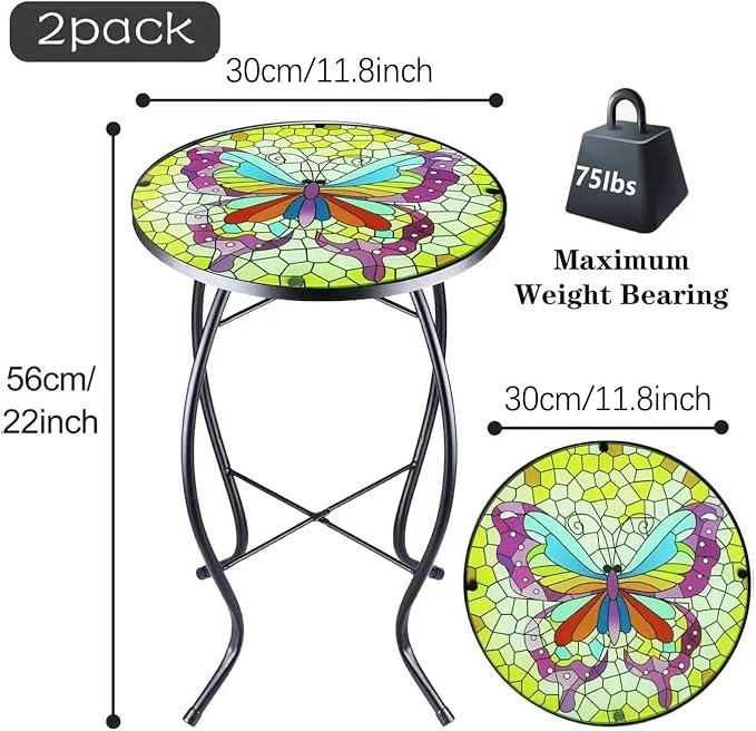 Arbuxzuy 2PCS 12 Inch Small Outdoor Side Table with Colorful Butterfly, Glass Mosaic Patio Table Indoor, Round Plant Coffee Table for Living Room, Balcony, Garden