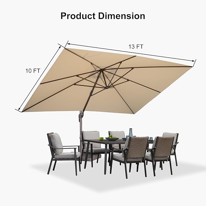 PURPLE LEAF 10' X 13' Patio Cantilever Umbrella Rectangle Umbrella Outdoor with Aluminum Offset Antique Bronze Hanging and 360° Rotation for Pool Garden Deck Patio, Beige