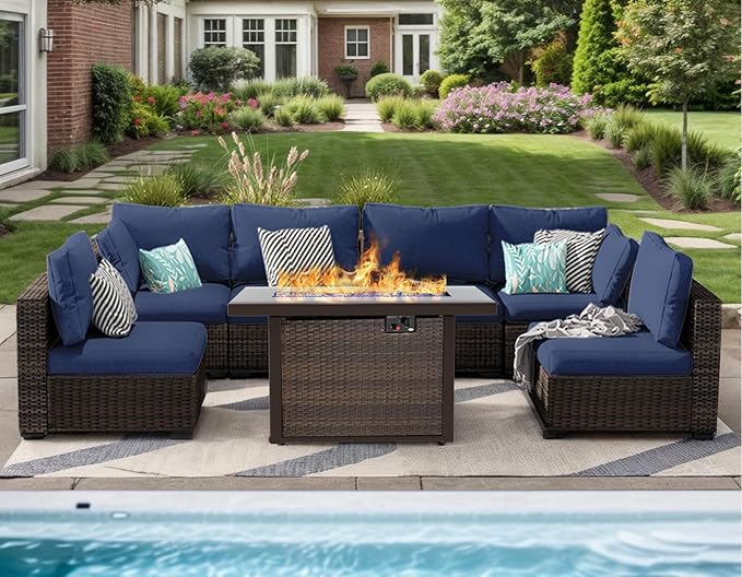 Patio Furniture Set 7 Pieces with 44" Fire Pit Table, Rattan Outdoor Sectional Conversation Sets, All Weather Outdoor Furniture Set with Cushions for Garden Lawn Balcony Porch Deck Blue