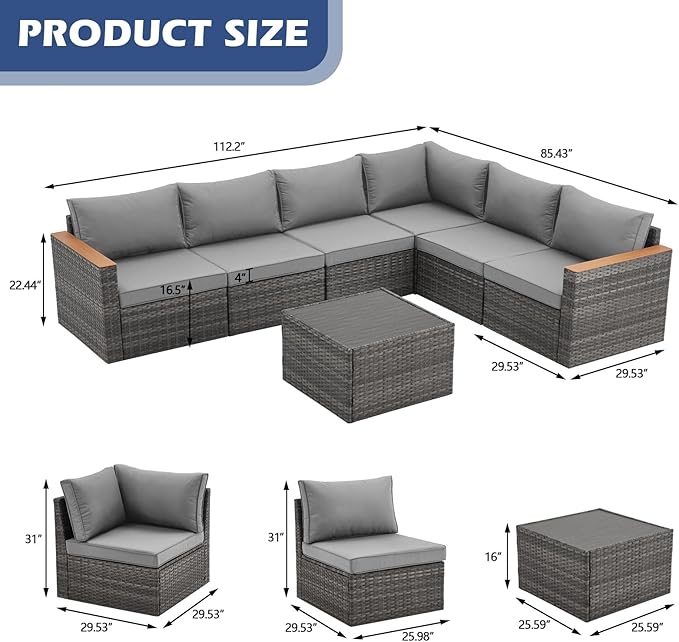 7 Pieces Patio Furniture Set Metal Outdoor Conversation Set with Table & Thick Cushions Sectional Sofa Seating Set for Backyard Porch Poolside Garden