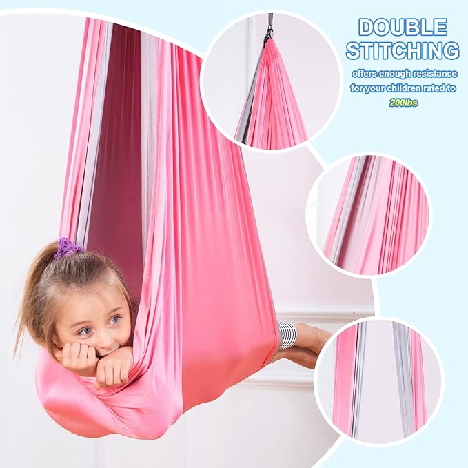 Therapy Swing Hammock Kids Cuddle Sensory Swing Indoor Therapeutic Hammock 360° Rotating Double Layer Elastic Rocking Cloth Swing Gifts for Children with ADHD SPD Asperger Autism (Pink+Grey)