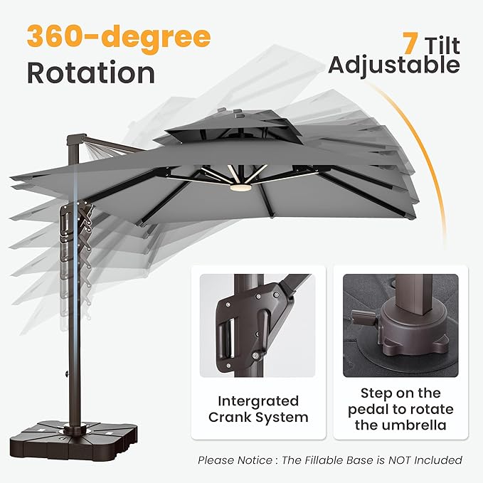 9x12 FT Cantilever Patio Umbrella with Base and Led Lights Double Top Outdoor Rectangular Large Heavy Duty Aluminum Offset Umbrellas with 7 Level Tilt 360-degree Rotation for Pool Garden Deck, Grey