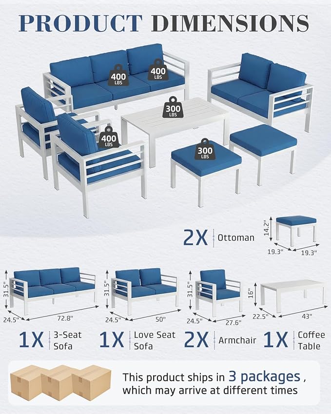 AECOJOY Aluminum Patio Furniture Armchair with Ottoman, Set of 2, Modern Outdoor Furniture with Washable 5 inch Thick Cushion, Blue Cushion