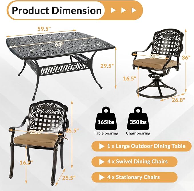 9 Piece Outdoor Patio Dining Set for 8, Cast Aluminium Large Square Dining Table & 4 Swivel Rocker Chairs, 4 Stationary, 8 Cushions, Umbrella Hole, Patio Furniture Set for Garden, Khaki