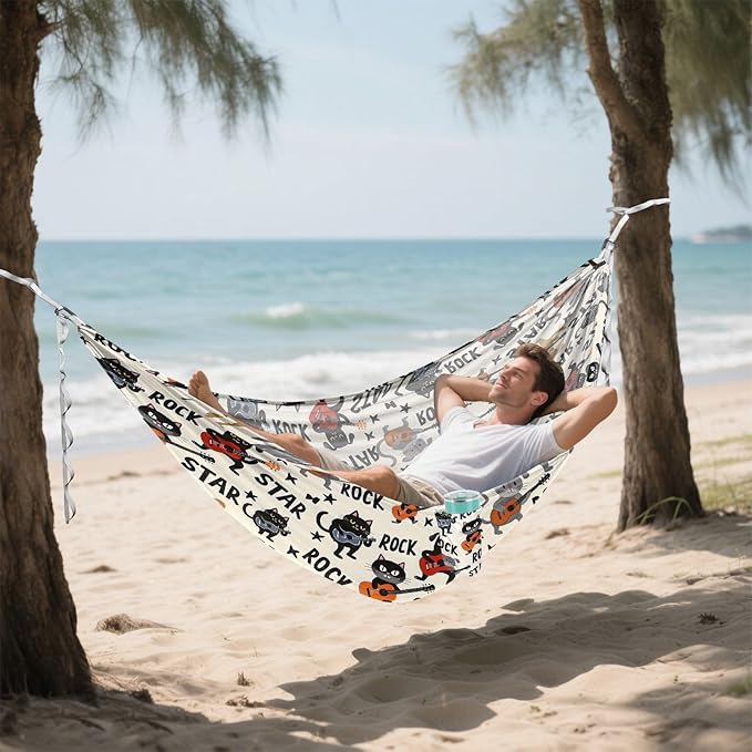 Camping Hammock Outdoor Hammocks for Outside Cat Playing Guitar Beach Trees Portable Lightweight with Pockets Tree Straps Indoor