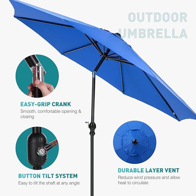 OLIXIS 9FT Patio Umbrella with Tilt and Crank Button & Sturdy Ribs Waterproof, 9Feet Patio Table Umbrella Perfect for Poolside, Terrace, Beach and Outdoor Restaurant