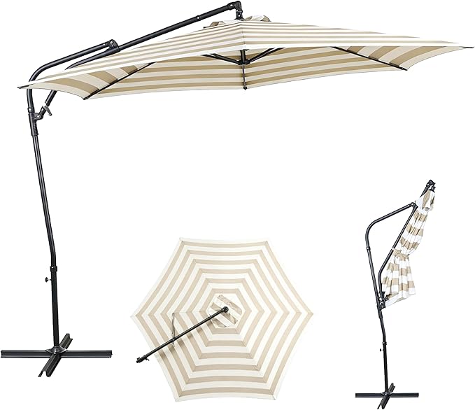 10FT Offset Patio Umbrella, Cantilever Hanging Umbrella with Infinite Tilt, Fade-Resistant Water-Repellent Canopy & Cross Base for Yard, Garden & Deck