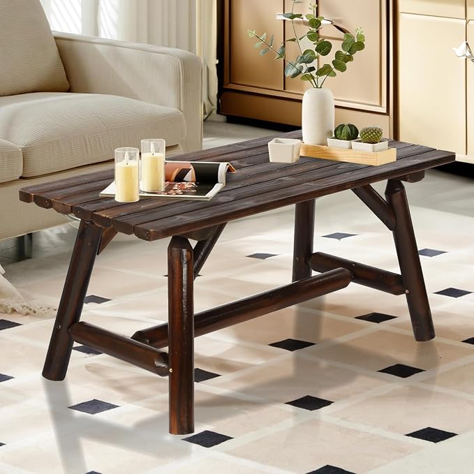 HOMEDIARY Wooden Adirondack Log Side Table, Cedar Wood Outdoor Rectangular End Table w/Slatted Tabletop, Oversize 41.5” Indoor Outdoor Patio Side Coffee Table for Garden Patio Backyard, Carbonized