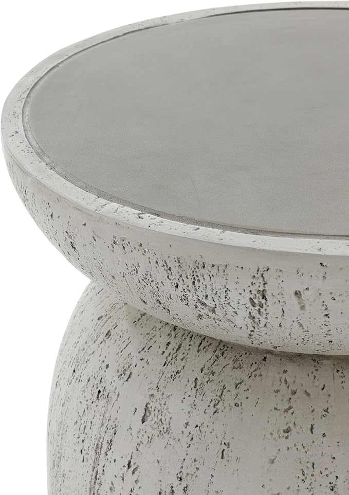 LuxenHome 16" Outdoor Side Table, MgO Rustic End Tables for Patio,Off White and Gray Weathered Round Table, Small Accent Table for Indoor Outdoor Use, Decorative Garden Stool