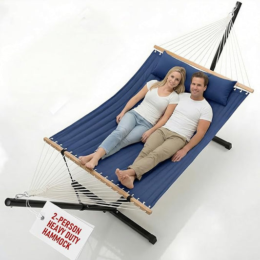 FULIYE Double Hammock with Stand for Outdoor，2 Person Heavy Duty Portable Hammock with Adjustable Steel Stand and Balance Ropes Included – for Patio, Backyard, Garden, Beach (Purplish Blue)