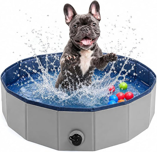 Eooqi Foldable Dog Pool, Collapsible Pet Bath Tub & Kiddie Wading Pool, Portable Hard-Side Dog Swimming Pool for Puppies, Small & Medium Dogs, Cats and Kids (Gray, 32"-S)