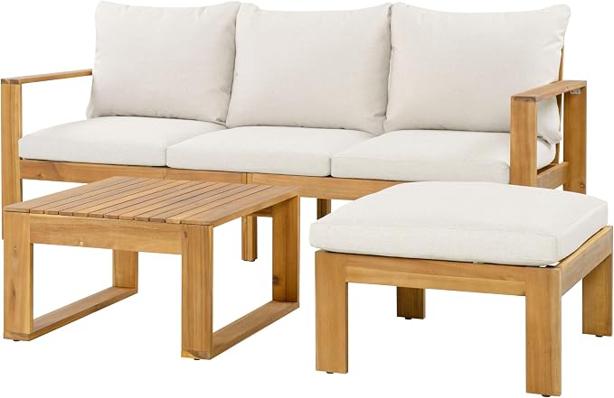 JIVOIT Acacia Wood Sectional Patio Furniture Set, Outdoor 3 Pieces Conversation Set with Acacia Wood Coffee Table for Backyard Porch Garden Balcony
