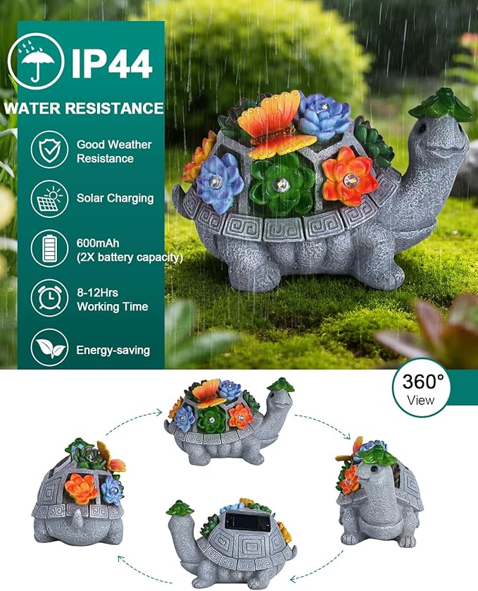 Solar Turtle Garden Statue with Butterfly, Succulent & LED Lights, Lawn Ornament for Yard Patio Porch Balcony, Outdoor Decor Figurine - Gifts for Mom Grandma Women
